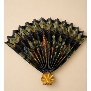 Vintage Victorian Pleated Hand Fan Wall Decor Gold Shell Floral Art Deco